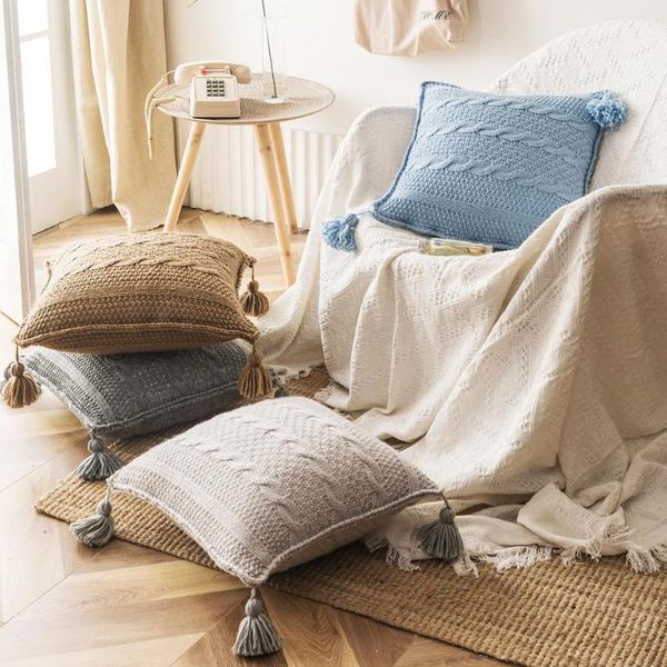 Coussin / oreiller décoratif bleu gris Café coussin tricoté coussin de coussin de style nordique massif avec patauge pour canapé salon HOME 55 *