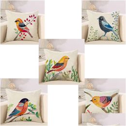 Coussin/Oreiller décoratif Peinture à la main Coussins d'oiseaux Ers Taie d'oreiller Coussin d'arbre à oiseaux Er Canapé Canapé Jeter Linge décoratif Coton Ca Dhexz