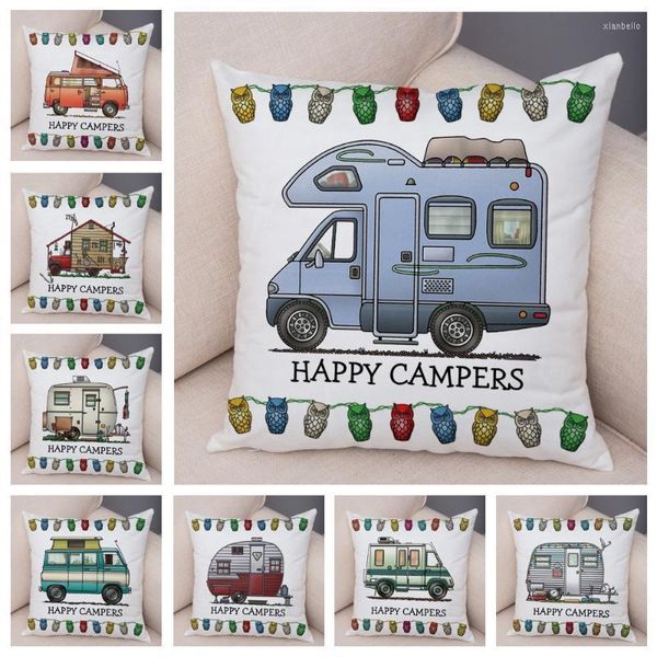 Cojín/almohada decorativa Happy Campers Case Decor Cartoon House Travel Car Funda de cojín para sofá Home Children Room Super Soft Plush Pillo