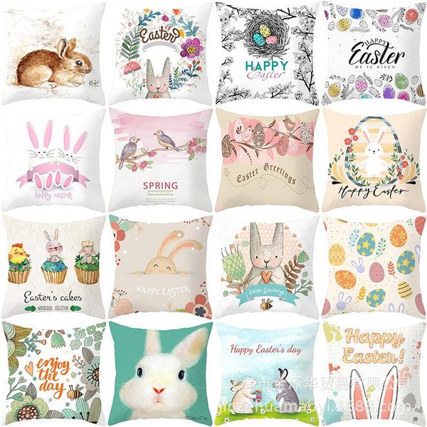 Cojín / Almohada decorativa Huevos de Pascua felices Estuche impreso Piel de melocotón Poliéster Sofá Funda de cojín para automóvil Decoración para el hogar 1Pc 45 45cm Single SideCushio