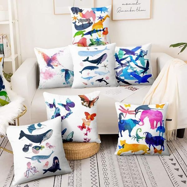 Coussin/oreiller décoratif décoration de la maison aquarelle oiseaux impression abstraite taie d'oreiller espèces de baleines coussin oreillers décoratifs décor canapé Thr