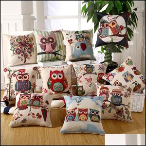 Coussin/oreiller décoratif Textiles de maison Jardin Jacquard Fleur Coussin Er Coton Lin Hibou Motif Chambre Décoratif Carré Canapé Cas 45X45