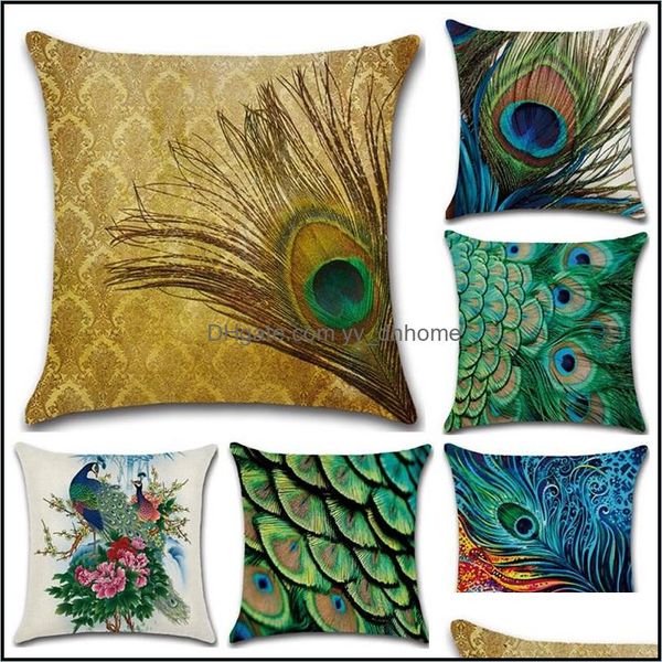 Cojín/Almohada decorativa Textiles para el hogar Jardín Estilo de moda Cojín de lino Ers 45X45Cm Funda de almohada Pluma de pavo real Impreso decorativo