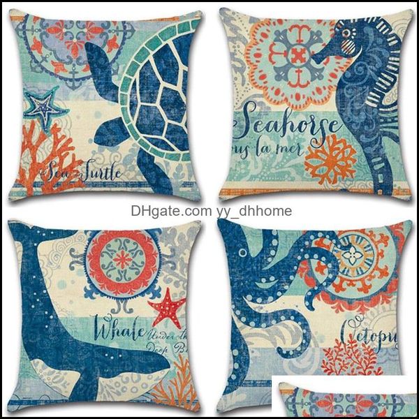 Coussin/oreiller décoratif Home Textiles jardin tortue de mer imprimé lin coussin Er Marine océan baleine pieuvre hippocampe décor taie d'oreiller