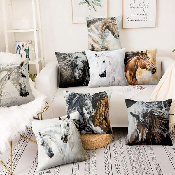 Cojín / almohada decorativa Caballo Arte en blanco y negro Pintura Impresión Funda de almohada Post-moderno Cojín de acuarela Decorativo Decoración para el hogar Sofá Thro