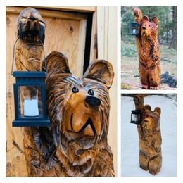 Kussen decoratief kussen -led gesneden beren beeldje met zonne lantaarn tuin standbeeld staande delicate textuur handwerk synthetische hars home decor 230505