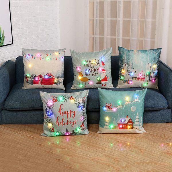 Coussin / oreiller décoratif LED lumières de Noël housses de coussin 45x45cm taie d'oreiller pour canapé décorations de commutation clignotantes