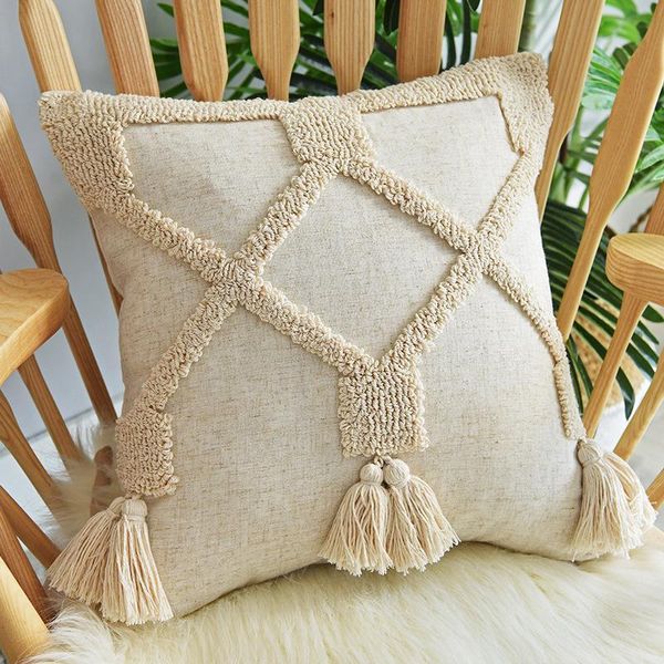 Cojín/almohada decorativa funda de cojín de lino 45x45cm estilo bohemio borlas Beige para decoración del hogar Netural salón dormitorio cojín/Decora