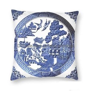 Kussen/Decoratief Kussen Luxe Blue Willow China Sofa Kussen Er Soft Delft Chinoiserie Sierkussen Slaapkamer Decoratie Drop Deliver Dhrc7