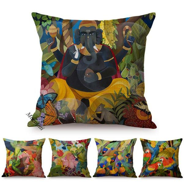 Cojín / almohada decorativa Lujo Tropical Selva Planta Estilo Funda de cojín Loro Tucán Elefante Exótico Acuarela Decorativo Coche Sofá Thro