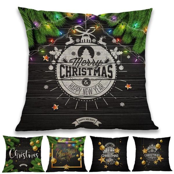 Coussin/Oreiller décoratif Joyeux Noël Vintage Bois Fond Noir Étoiles Branche De Pin Boule D'or Étui Canapé Coussin Décoratif De Vacances C