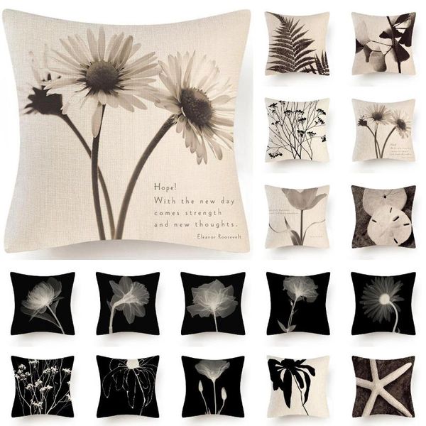 Cojín / almohada decorativa Plantas creativas modernas Flores Funda de almohada Algodón Lino Perspectiva Negro Cojines blancos Cubierta Sofá Tiro