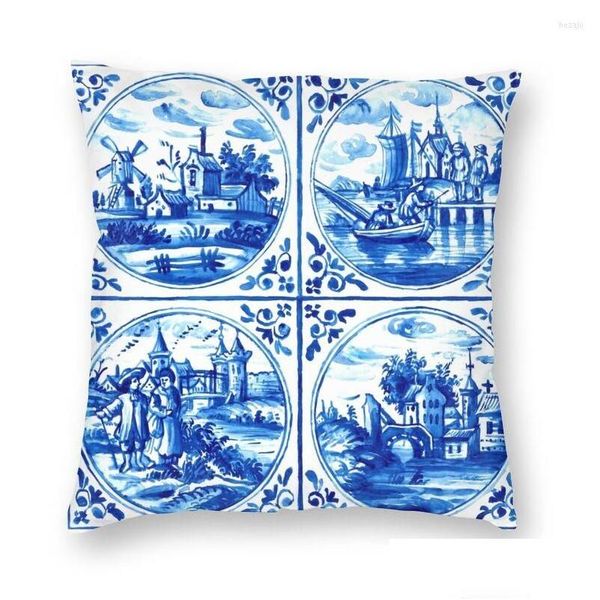 Coussin / Oreiller décoratif Moderne Néerlandais Delft Bleu Carreaux Canapé ER Doux Vintage Voilier Moulins À Vent Art Throw Case Décoration Drop Deliv Dhap7