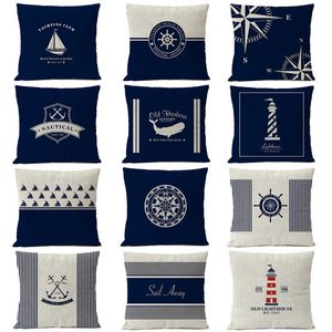 Cojín / almohada decorativa Navigatie Blauw Kompas Anker Kussensloop Nautische Shell Vis Casa Decoratieve Mediterrane Kussen