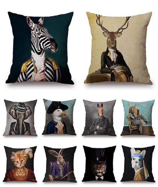 Coussin / oreiller décoratif Affiches d'art nordique style couverture de coussin décorative zèbre girafe éléphant de mode animal portant un canapé de chapeau thr3992773