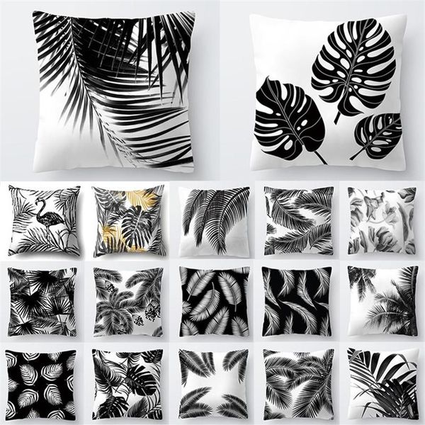 Cojín decorativo, decoración nórdica, funda de cojín Tropical para el hogar, decoración de hojas de plantas en blanco y negro, sofá260f