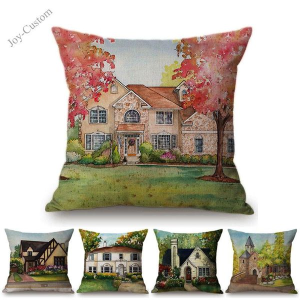 Coussin / Oreiller décoratif Peinture à l'huile Belle européenne Vintage Maison Bâtiment Paysage Coussin Couverture Nordique Campagne Paysage Decorati