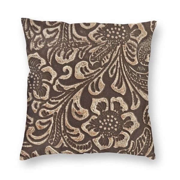 Coussin/Oreiller Décoratif Personnalisé Or Brun Fleuri Motif En Cuir Repoussé Couverture Décoration Vintage Textures Florales Coussin Pour Voiture