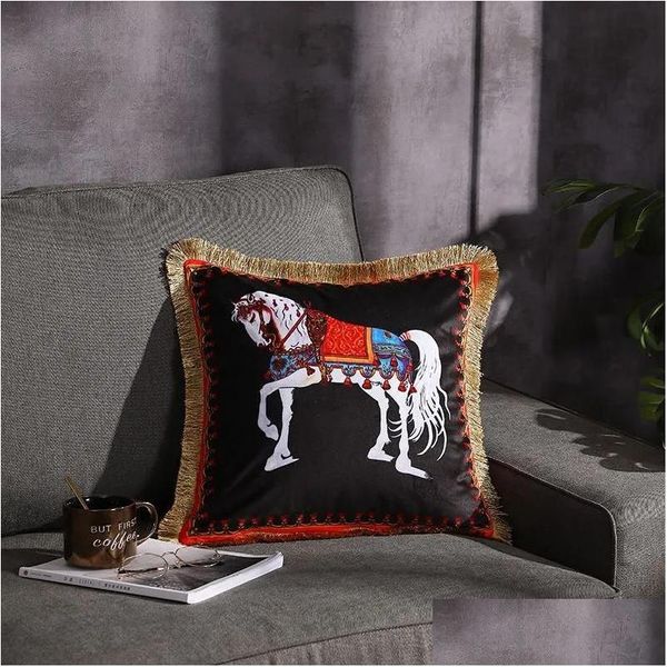 Cojín / almohada decorativa Almohada Nueva marca Europea de lujo Veet Borla Funda de almohada Carro de caballos Impresión de doble cara Cojín de lujo Dh5Lg