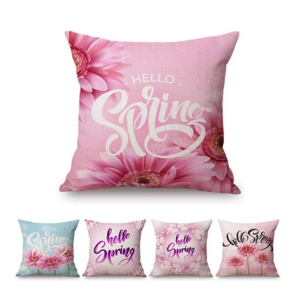 Cojín / almohada decorativa Rosa Flor floral encantadora Hola Primavera Sala de estar Tienda de belleza Salón Hogar Sofá decorativo Funda de tiro Lino Cushio