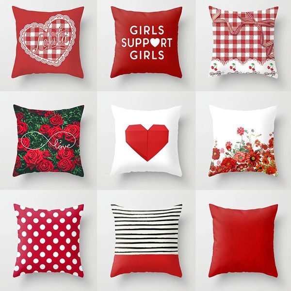 Cojín/almohada decorativa corazón rojo sencillo rayas geométricas letras de rosas