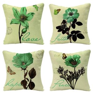 Coussin / oreiller décoratif rétro vert noir en lin floral couvercle coussin vintage fleurs vintage imprime