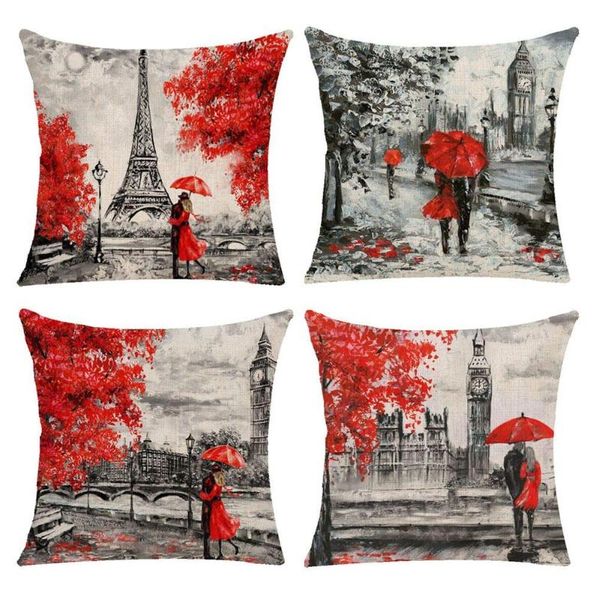 Coussin / Oreiller décoratif Romantique Paris Red Lover Taie d'oreiller en lin Canapé Housse de coussin Amélioration de l'habitat peut être personnalisé pour vous 40x40 50x5