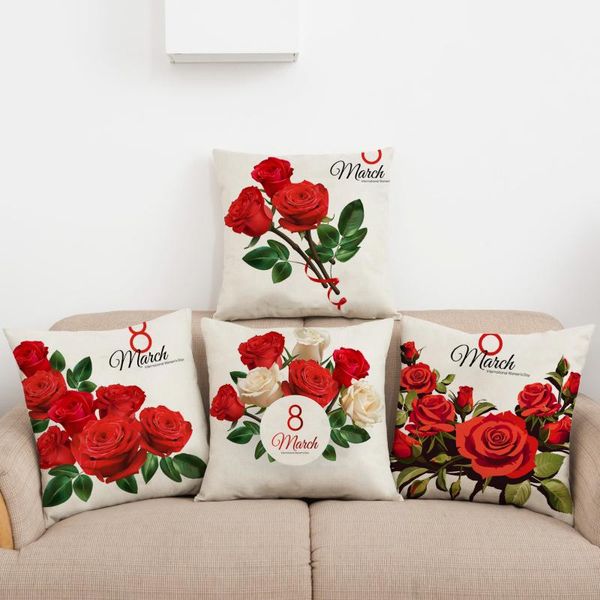Cojín/almohada decorativa, funda de almohada con estampado de rosas rojas románticas, adecuada para decoración del hogar para niñas, funda de cojín para sofá, funda cuadrada suave