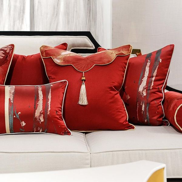 Cojín/Almohada decorativa Tela de seda y satén China Estilo moderno rojo Sofá para el hogar Funda de cojín Funda de almohada Sin núcleo Sala de estar Dormitorio