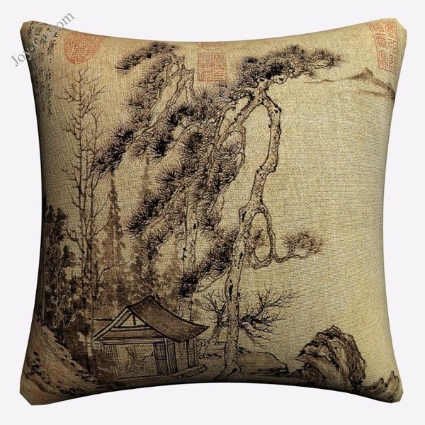Cojín/almohada decorativa paisaje chino tradicional funda de cojín de lino de algodón decorativa 45x45cm para sofá silla funda de almohada decoración del hogar A