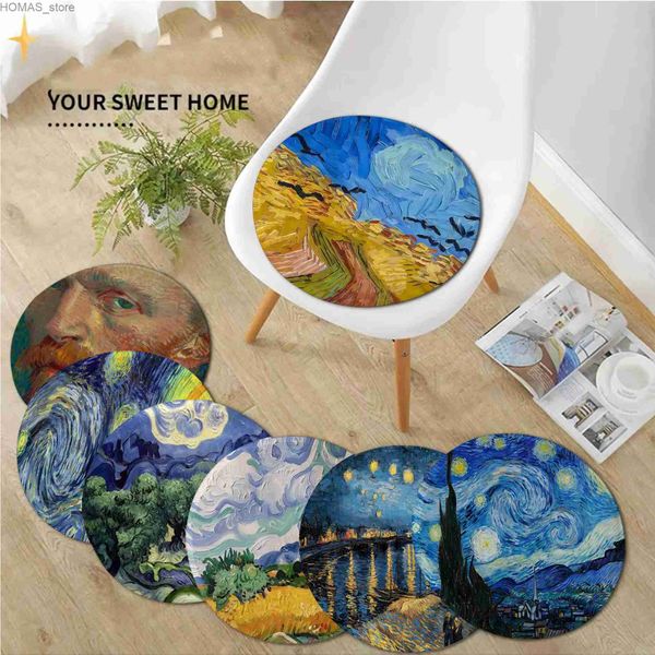 Cojín/almohada decorativa Van Gogh Pintura al óleo Arte Mat de cojín Round Coushion Camino de comedor Comenado Sponge Sofá Mat de silla Cushions Y240401