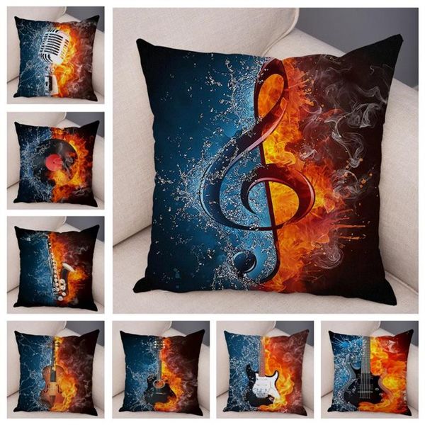 Cojín decorativo almohada Vintage música nota funda de almohada decoración guitarra micrófono violín funda impresa para el hogar sofá suave felpa Cushi2918