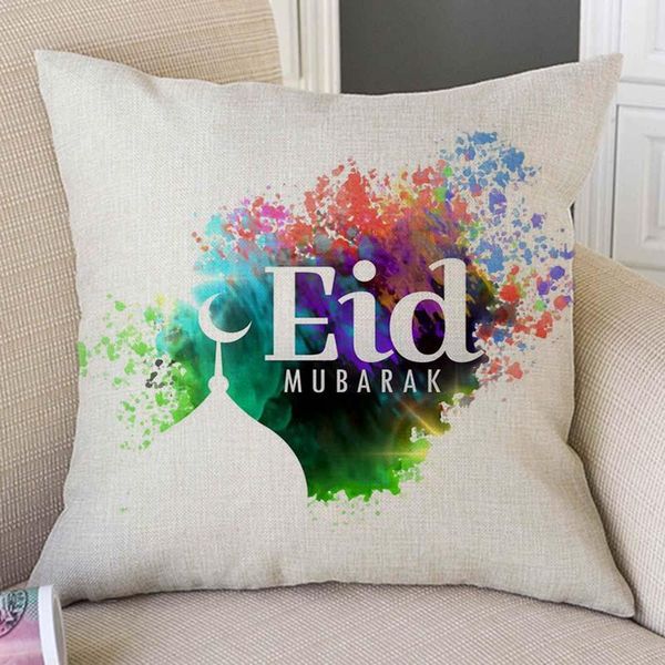 Cojín/Almohada decorativa Acuarela Tinta Splash Art Eid Mubarak Islámico Musulmán Hogar Funda decorativa Mezquita árabe Fondo Cojín de lino C