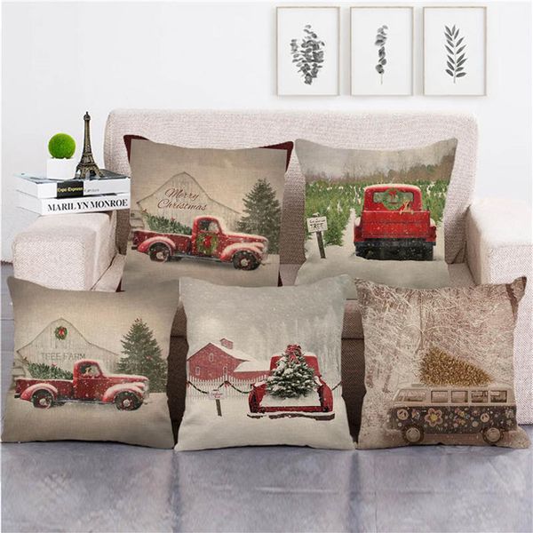 Coussin décoratif oreiller entier taie d'oreiller rouge camions et entrepôts pour couverture de noël lin coton canapé coussin décoratif 258j