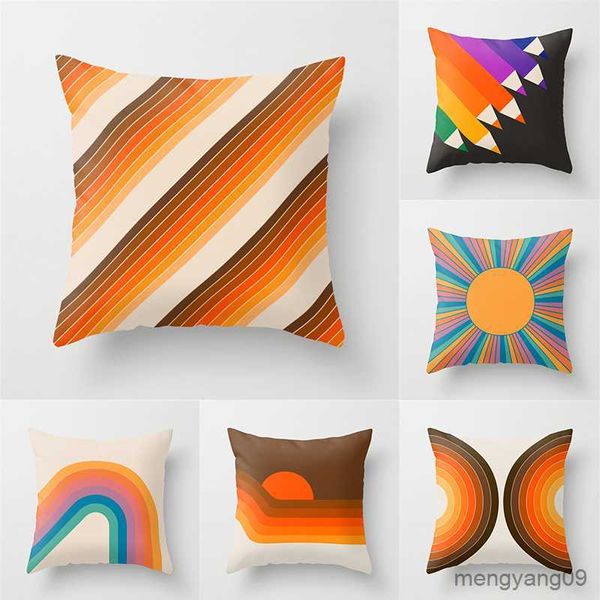 Coussin / Décoratif Vibrant Orange Rainbow Sunset Imprimer Couverture Abstraite Lignes Géométriques Couverture Canapé Voiture Bureau Housse De Coussin Décor À La Maison R230630