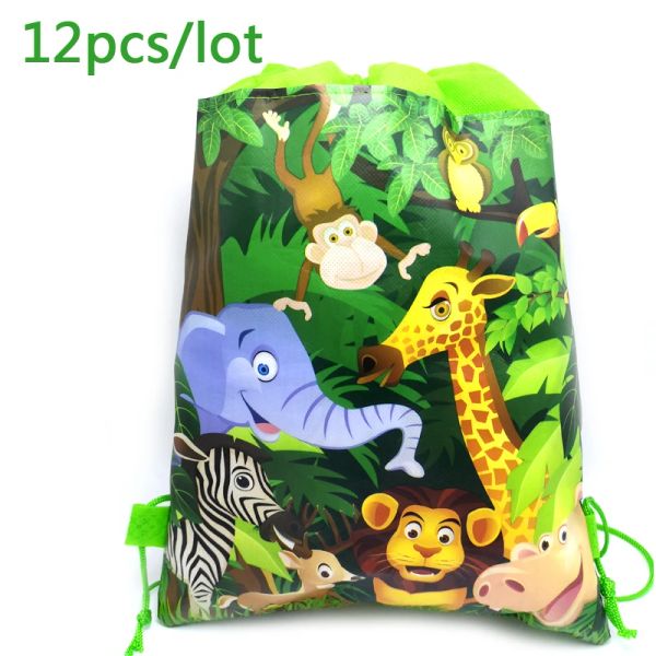 Coussin thème Animal Jungle Mochila fête d'anniversaire tissus non tissés cordon cadeaux sacs bébé douche décoration sac à dos 12 pièces/lot