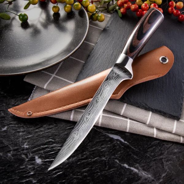 Cuchillo de cocina con cojín, cuchillo para deshuesar, diseño realizado con láser de Damasco, cuchillo de carnicero de acero inoxidable, hueso, carne, frutas, verduras, pescado, cuchillo de Chef