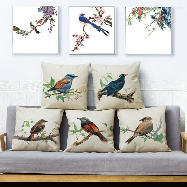 Coussin aquarelle encre chinoise oiseau impression jeter oreiller couvre 45 45 cm couverture lin oreillers cas voiture canapé décor à la maison étui