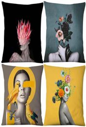 Coussin décoratif oreiller fleur filles housse de coussin affiches de beauté portrait peinture taie d'oreiller 45x45 cm chambre canapé décor case4556785