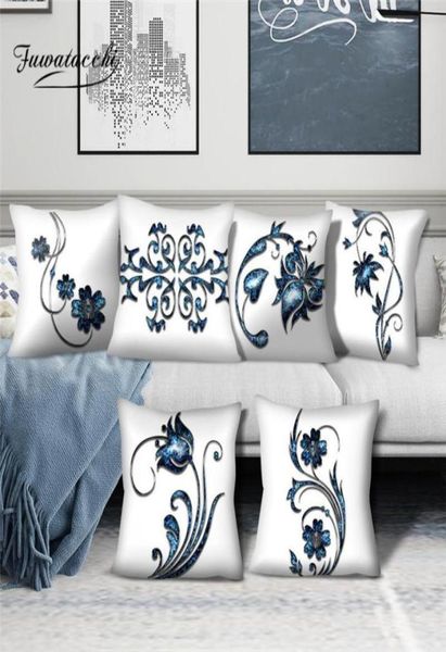 Coussin décoratif oreiller Fuwatacchi bleu foncé imprimé floral housse de coussin fleur Po taie d'oreiller décorative pour la décoration intérieure canapé Se9058342