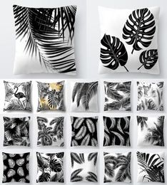 Coussindécoratif oreiller nordique décoration maison couverture de coussin tropical des feuilles de plante blanche noire