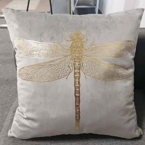 KussenDecoratief kussen Selling Insect Dragonfly Foliedruk Fluwelen tuinkussenhoes Goudstempel Sierkussensloop Stoelkussenhoes 230616