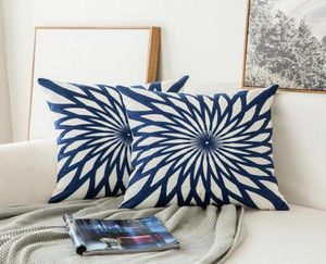 Almohada de almohada de cojadora Almohada azul marino azul de almohada de algodón lienzo bordado de lana geométrica cojín de dormitorio 4545cm9314830