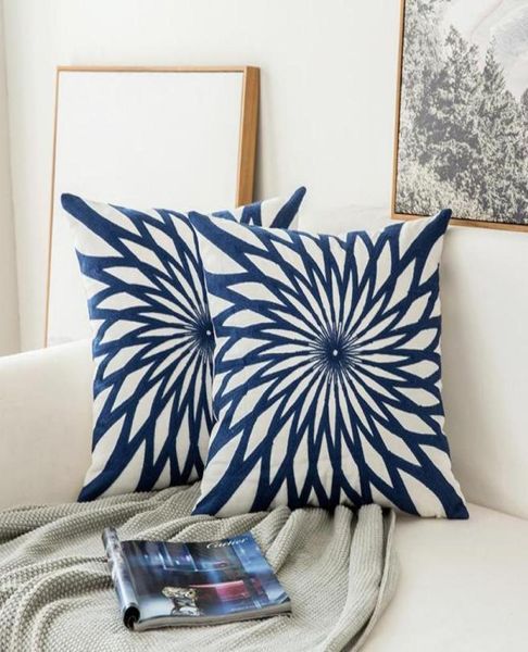 Almohada de cojadora almohada de almohada azul marino azul de almohada de algodón lienzo bordado de lana geométrica cojín de dormitorio 4545cm1146147