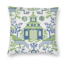 Cushiondedecorative Oreiller vintage chinoiserie willow pagoda carré casse intérieure décor de Delft Blue Cushions pour le salon Print9303402