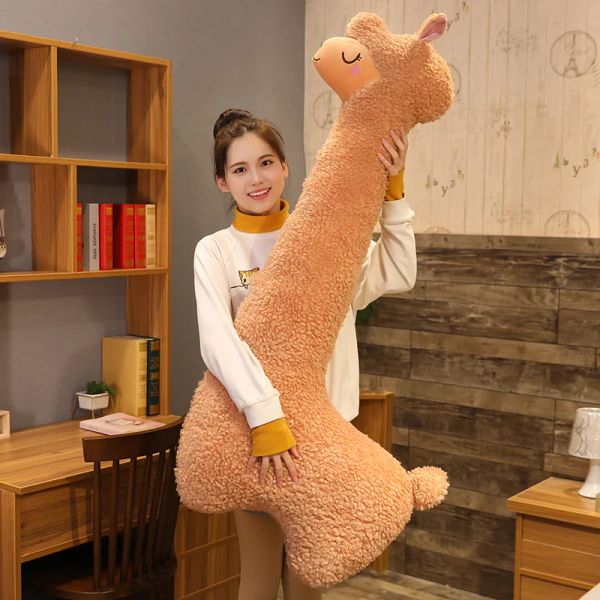 Cojines enormes blancos marrones alpaca juguete lindo muñeca de peluche de oveja creativa kawaii durmiendo almohada larga cojín para niñas regalo de cumpleaños 130 cm