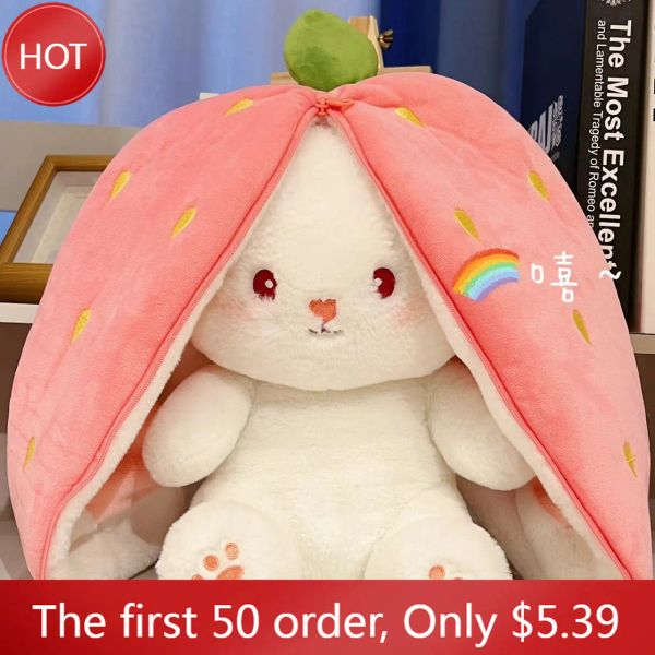 Coussins Strawberry lapin peluche jouet flip carrot to lunny cosplay oreiller mignon en peluche lop lapin