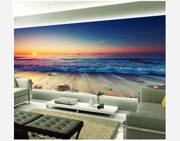 Personnalisé toute taille beau coucher de soleil vague pierre 3D fond mural 3d papier peint 3d papiers peints pour tv toile de fond 8696921