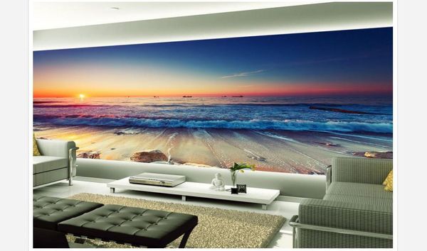 Personnalisé toute taille belle coucher de soleil vague pierre 3D fond mural 3d papier peint 3d papiers peints pour tv toile de fond2009438