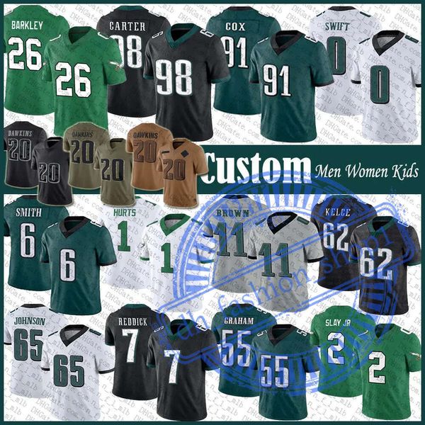 Personalizado 1 Jalen Hurts 26 Saquon Barkley Jersey de fútbol 11 AJ Brown 6 Devonta Smith 0 Dandre Swift Haason Reddick Fletcher Cox Jalen Carter Darius Slay Jr Brandon G 494